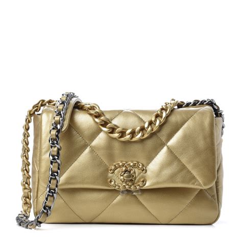 CHANEL Metallic Goatskin Quilted Medium Chanel 19 Flap Gold 